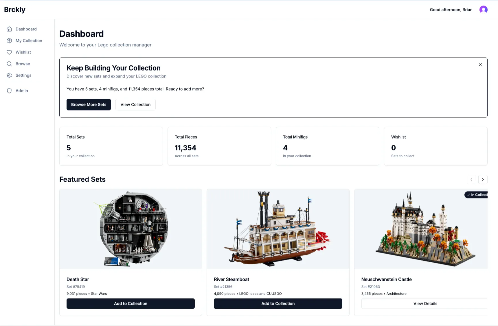 Brckly Dashboard showing LEGO collection