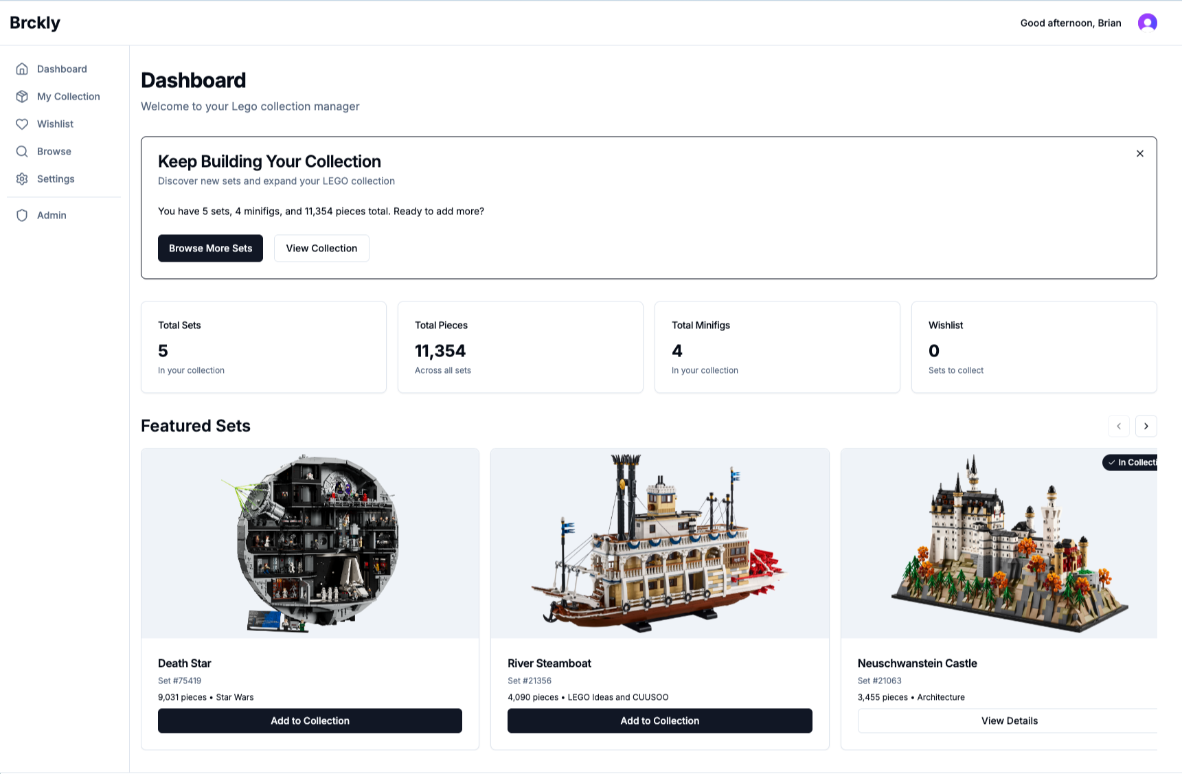 Brckly Dashboard showing LEGO collection
